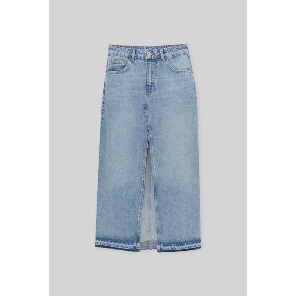 Pull & Bear Denim Midi Skirt S Blue High Rise Slit Y2K Minimalist Grunge